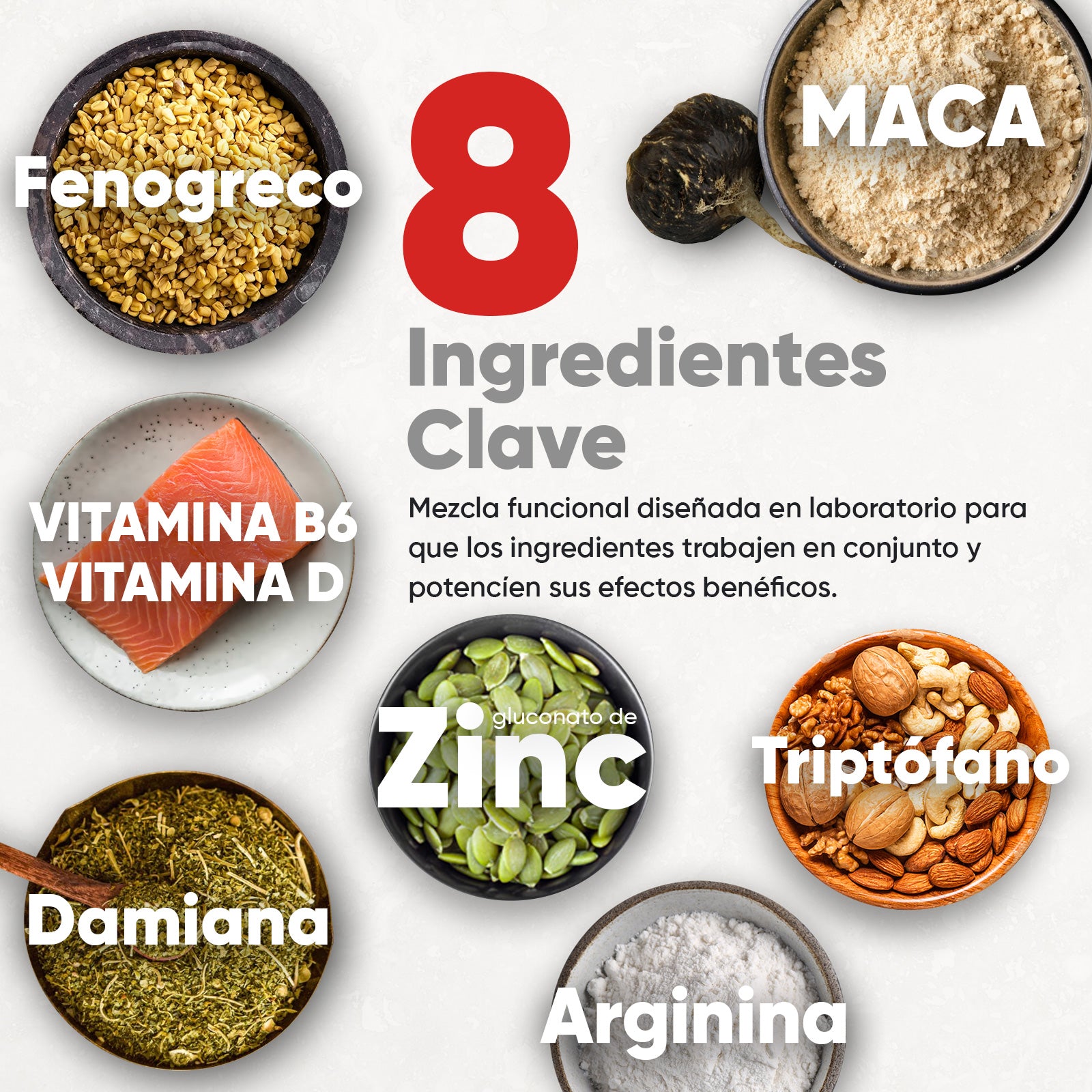 Fenogreco, Maca, Arginina, Damiana, Triptófano,  Zinc, Vitamina B6, Vitamina D,